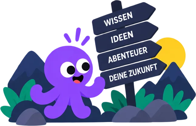 Qraki drückt auf einen großen leuchtenden Knopf und ruft „Los geht’s!“. Daneben ein Wegweiser: Wissen, Ideen, Abenteuer, deine Zukunft.