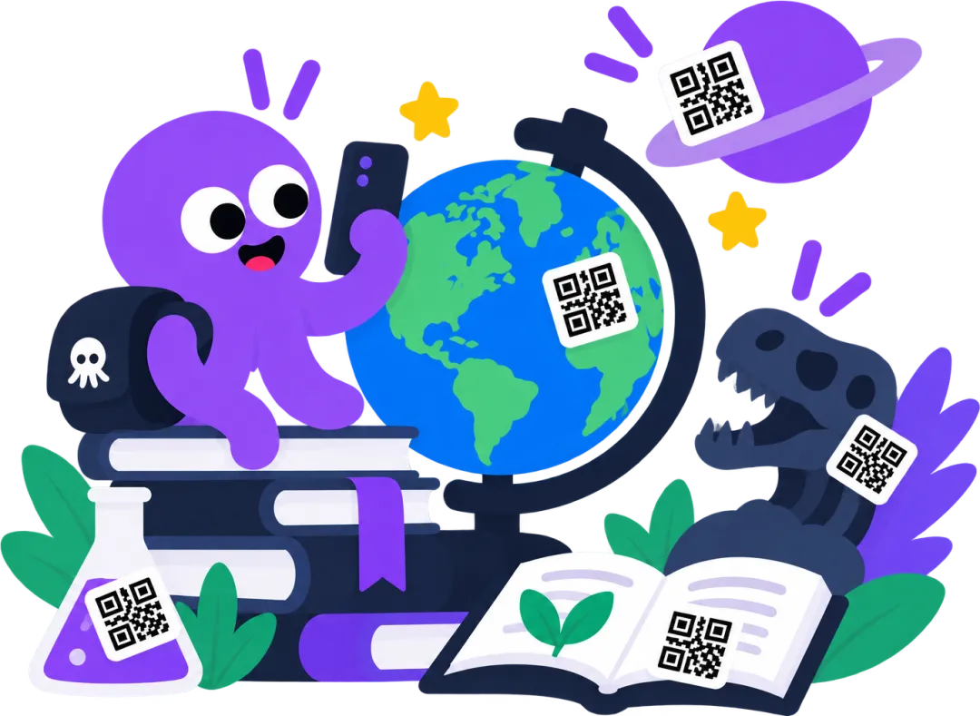 Qraki mit Handy zwischen Globus, Büchern, einem Kolben, einem Dinosaurierschädel und einem Planeten — überall kleben Qraki-Codes.